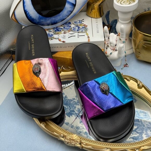 🆕 KURT GEIGER LONDON 🧿 NWOB Meena Eagle Metallic Pool Slide - Size 38 US 7.5 - Picture 3 of 12